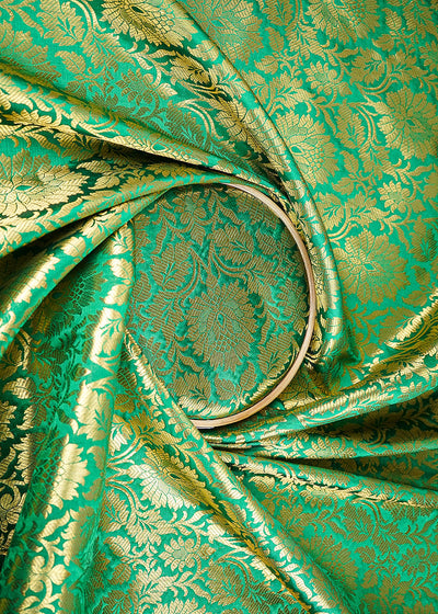 Bottle Green Banarasi Brocade Fabric With All Over Golden Zari Handloom 21751