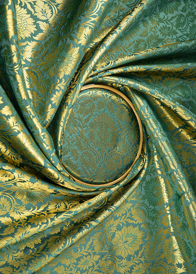 Rama Green Banarasi Brocade Fabric With All Over Golden Zari Handloom 21754