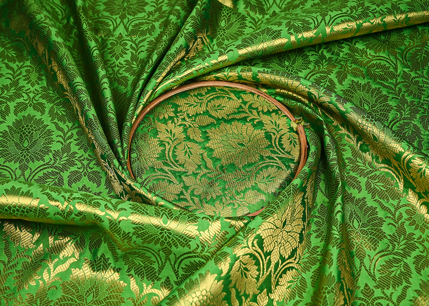 Parrot Green Banarasi Brocade Fabric With All Golden Over Zari Handloom 21755
