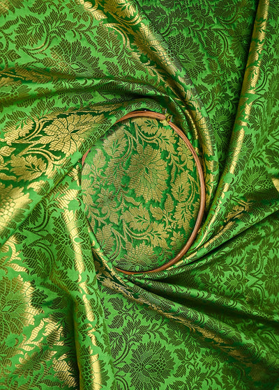Parrot Green Banarasi Brocade Fabric With All Golden Over Zari Handloom 21755