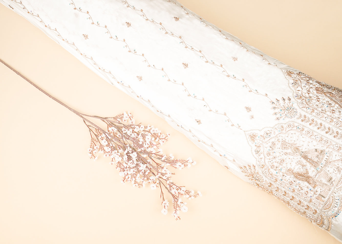 White Dyeable Crepe Fabric With All Over Stripes Of Katdana, Bead, Sequins And Zari Work With One Side Heavy Border 21756