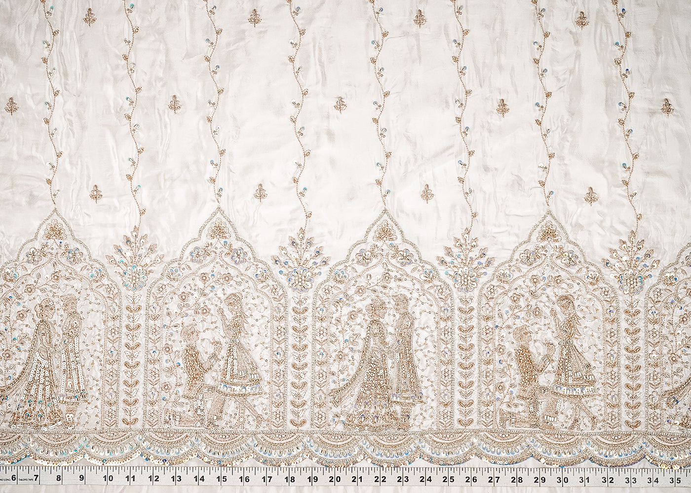 White Dyeable Crepe Fabric With All Over Stripes Of Katdana, Bead, Sequins And Zari Work With One Side Heavy Border 21756