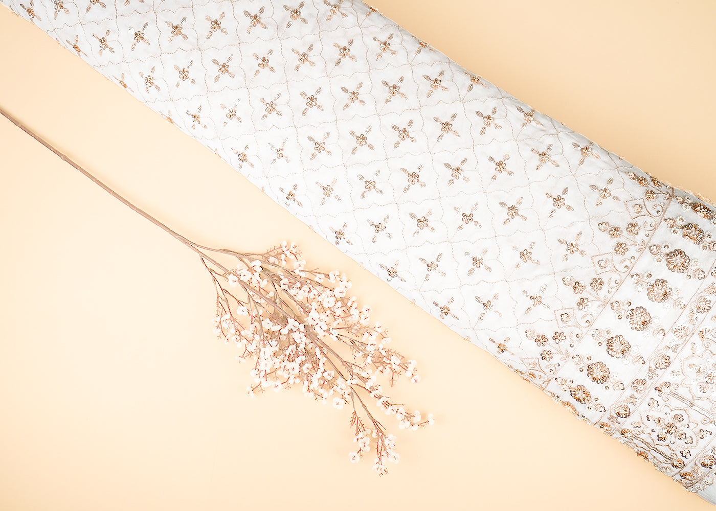 White Dyeable Georgette Fabric With All Over Buti Of Zari, Sequins, Katdana And Bead Work With One Side Border 21757