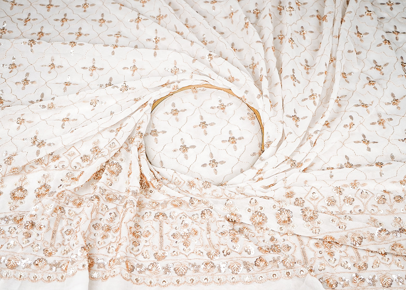 White Dyeable Georgette Fabric With All Over Buti Of Zari, Sequins, Katdana And Bead Work With One Side Border 21757