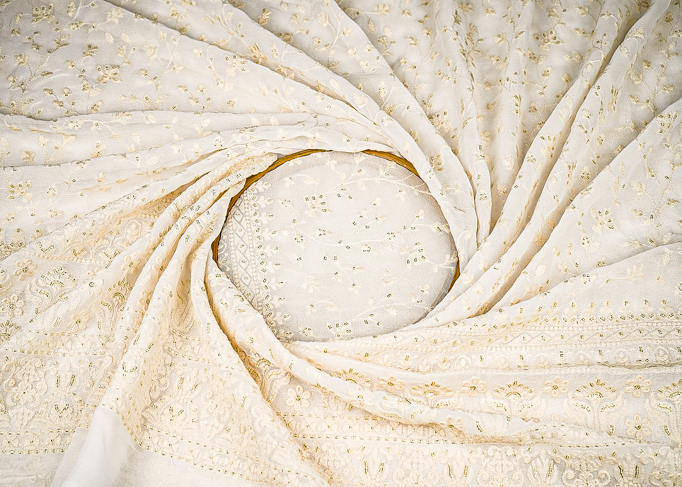 White Dyeable Georgette Fabric With All Over Sequins And Thread Work With One Side Border 21758