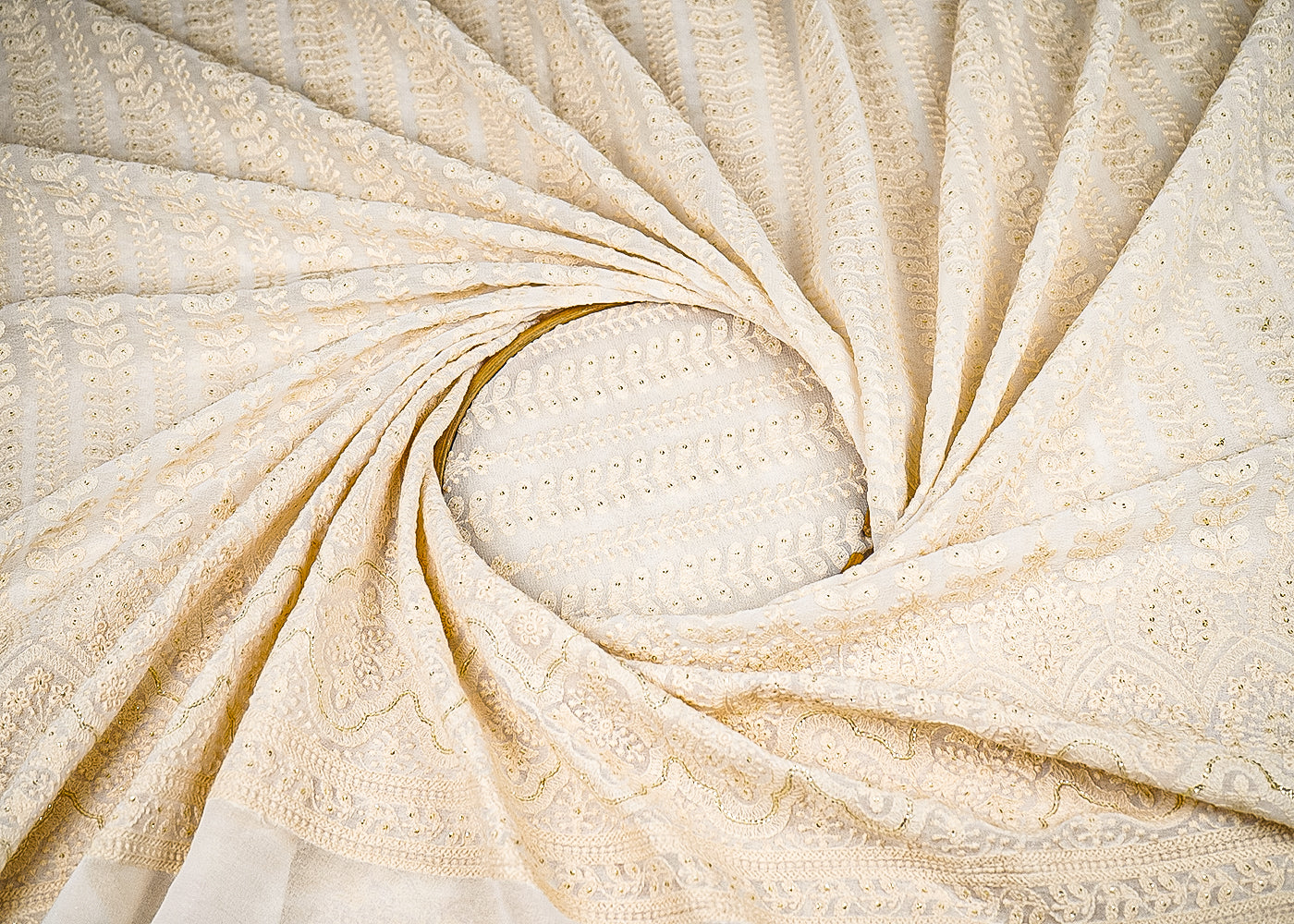 White Dyeable Georgette Fabric With All Over Stripes Of Sequins And Thread Work With One Side Border 21759