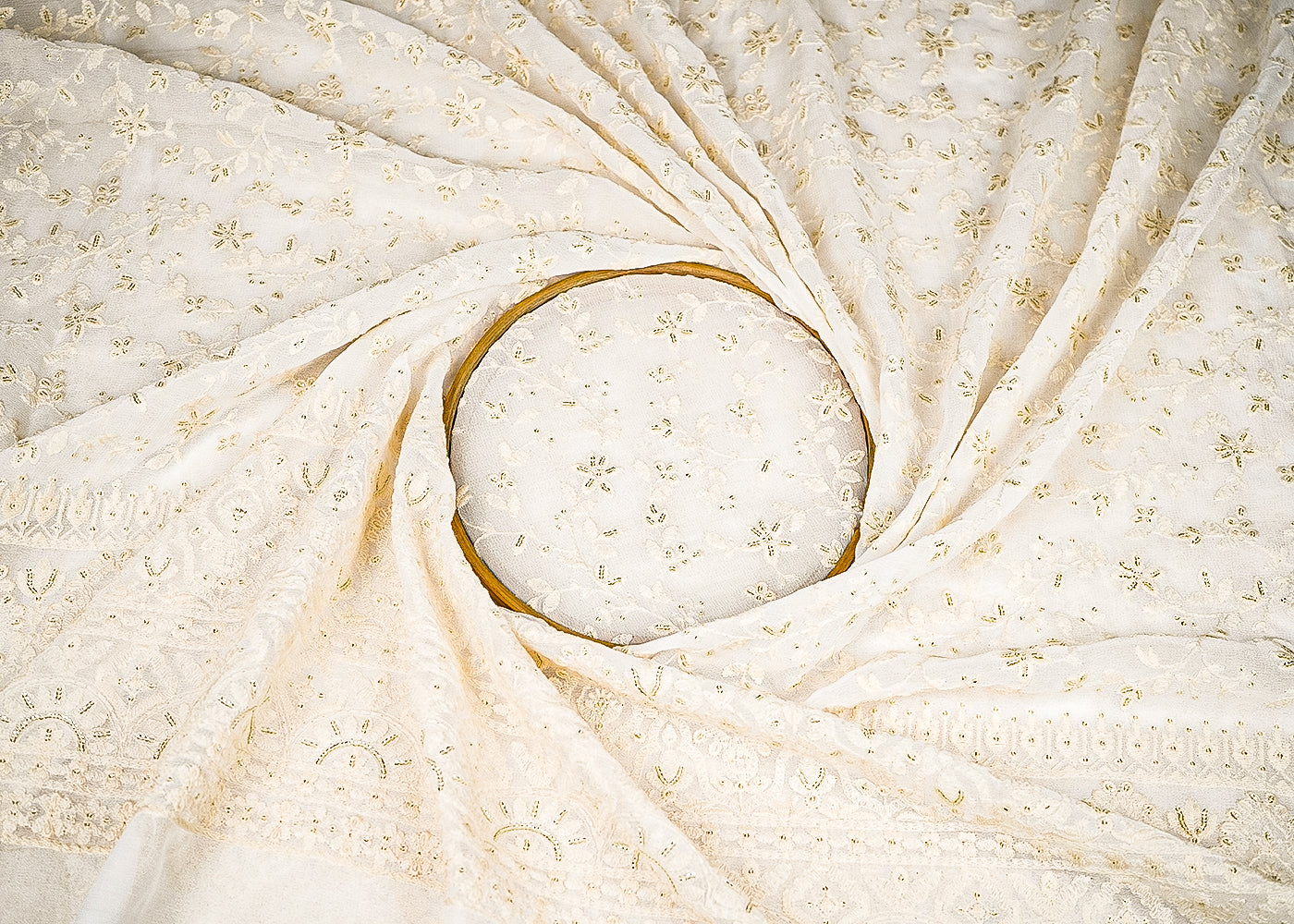 White Dyeable Georgette Fabric With All Over Sequins And Thread Work With One Side Border 21761