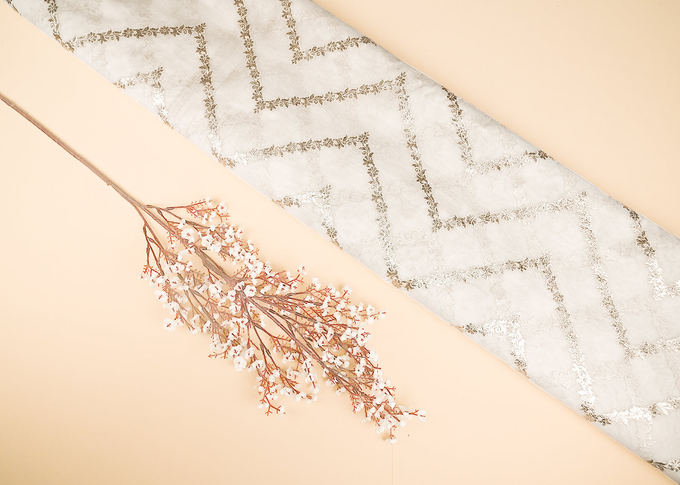 White Dyeable Chanderi Silk Fabric With All Over Dull Gold Zari Handloom 21777