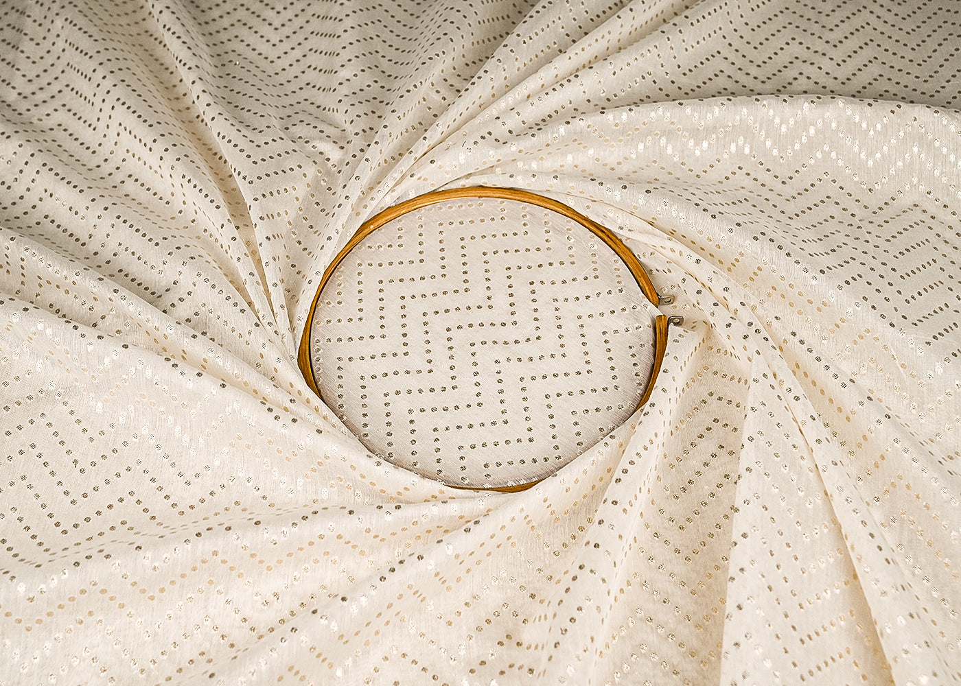 White Dyeable Chanderi Silk Fabric With All Over Dull Gold Zari Handloom 21778