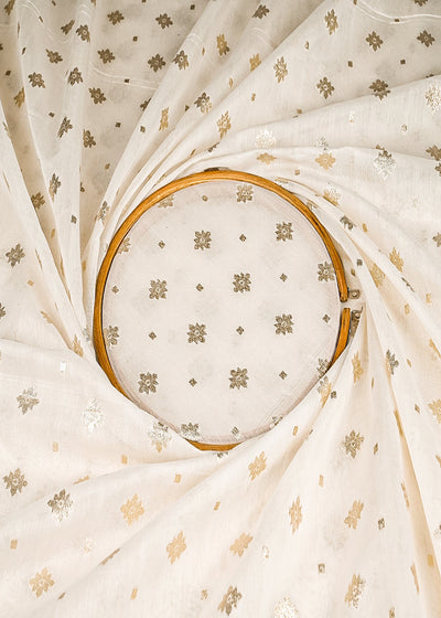 White Dyeable Chanderi Silk Fabric With All Over Dull Gold Zari Handloom 21780