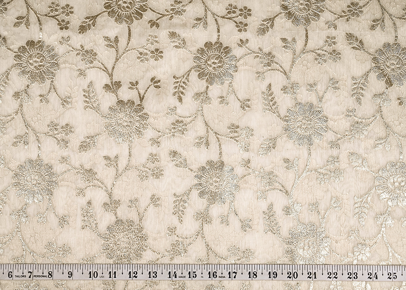 White Dyeable Chanderi Silk Fabric With All Over Dull Gold Zari Handloom 21781