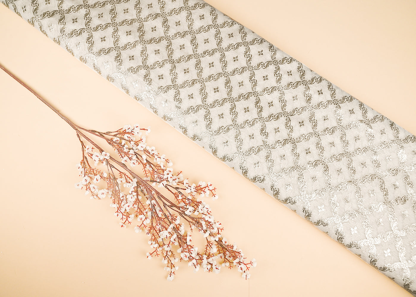 White Dyeable Chanderi Silk Fabric With All Over Dull Gold Zari Handloom 21782