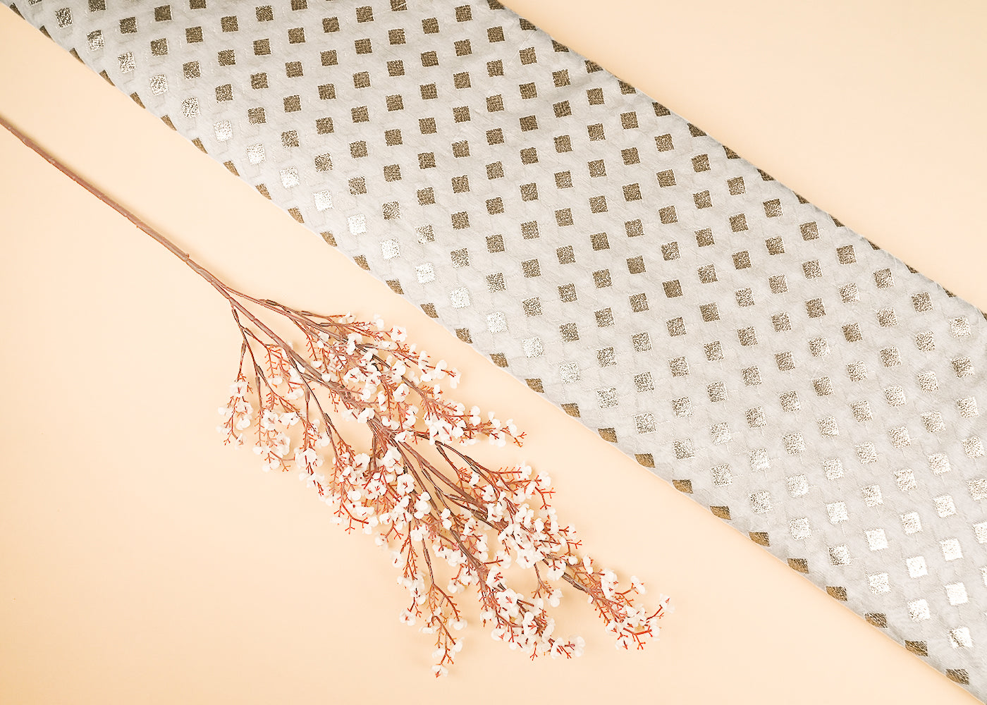 White Dyeable Chanderi Silk Fabric With All Over Dull Gold Zari Handloom 21783