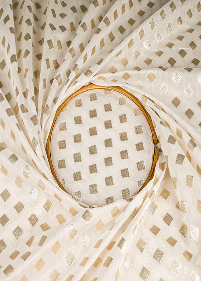 White Dyeable Chanderi Silk Fabric With All Over Dull Gold Zari Handloom 21783
