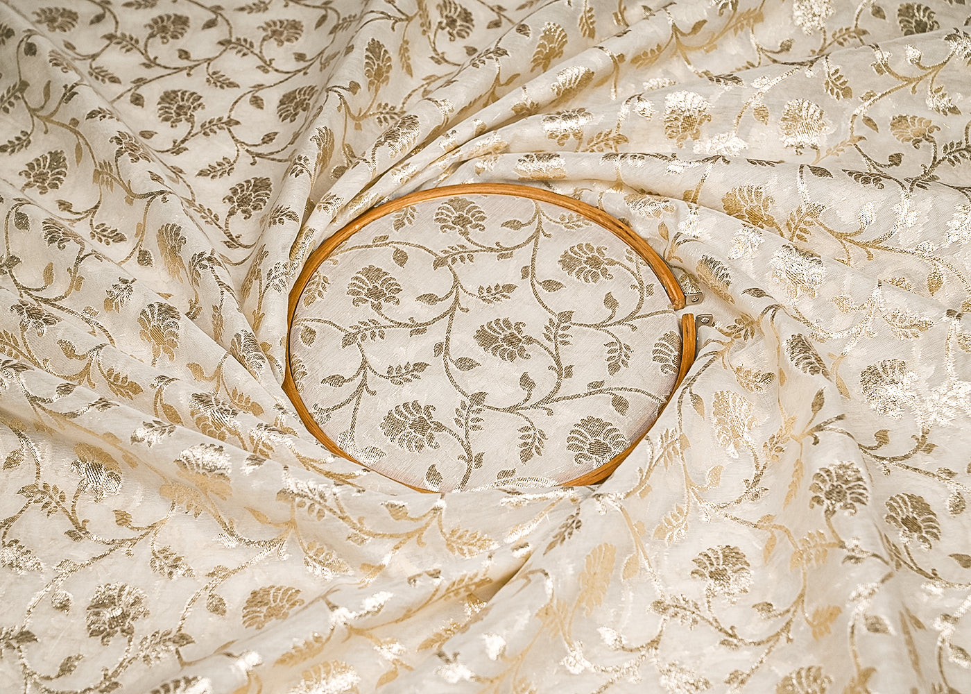 White Dyeable Chanderi Silk Fabric With All Over Dull Gold Zari Handloom 21785
