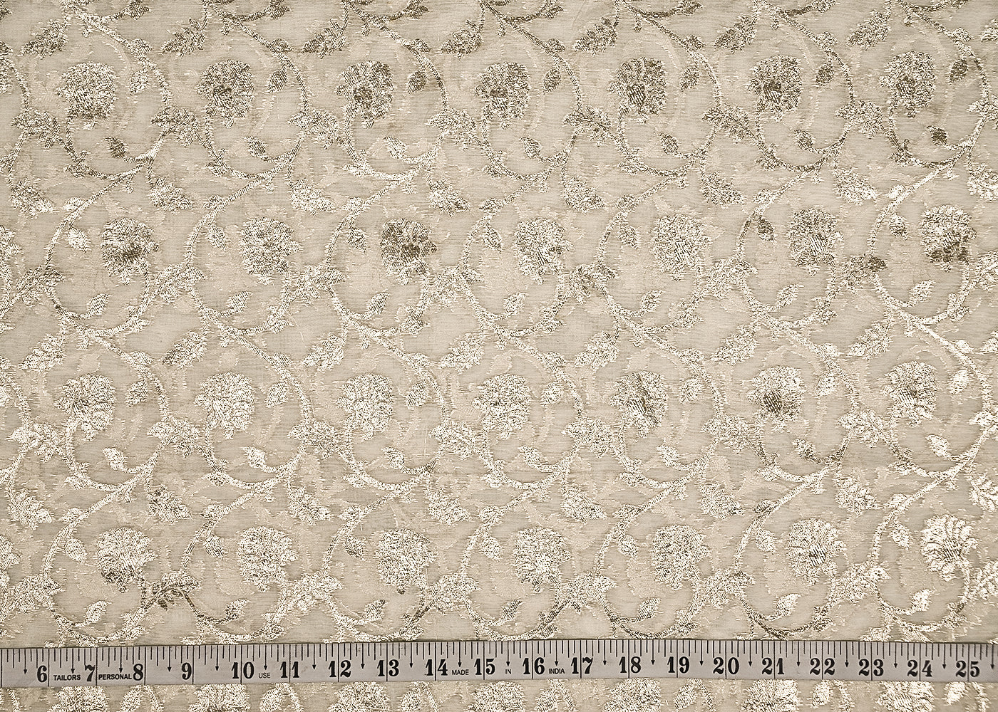 White Dyeable Chanderi Silk Fabric With All Over Dull Gold Zari Handloom 21785