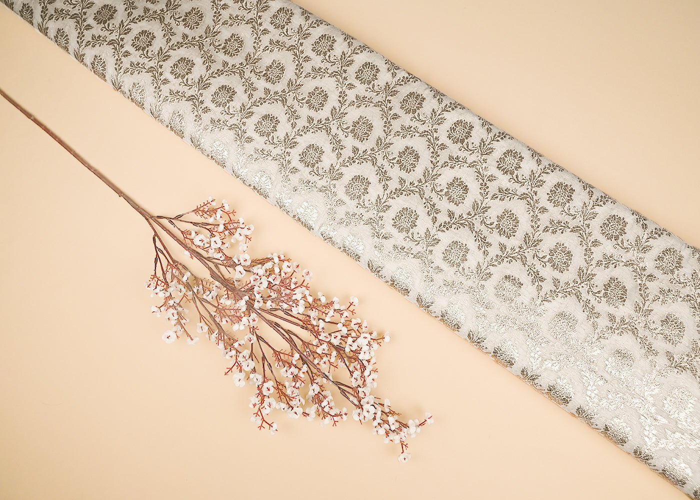 White Dyeable Chanderi Silk Fabric With All Over Dull Gold Zari Handloom 21786