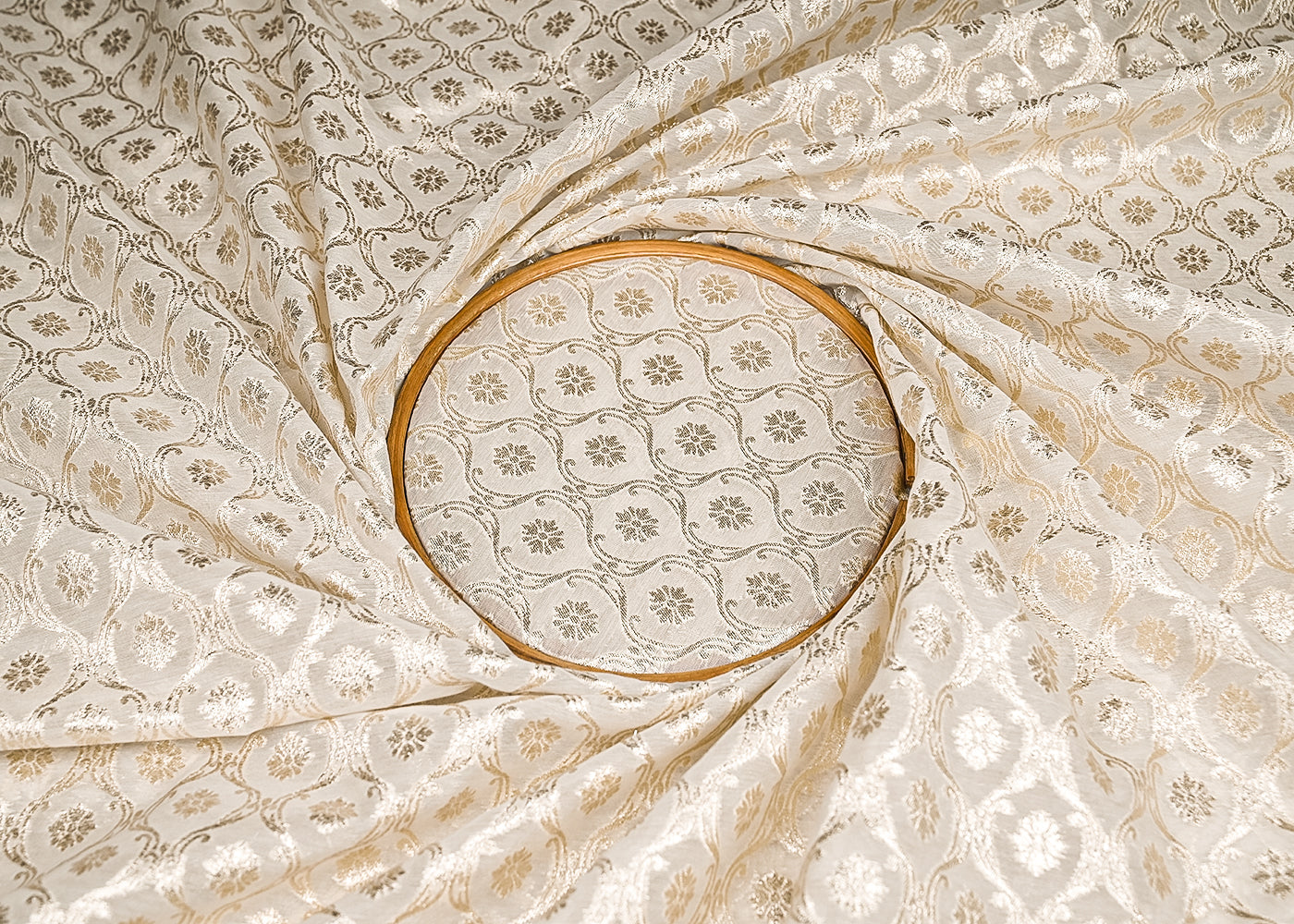 White Dyeable Chanderi Silk Fabric With All Over Dull Gold Zari Handloom 21787