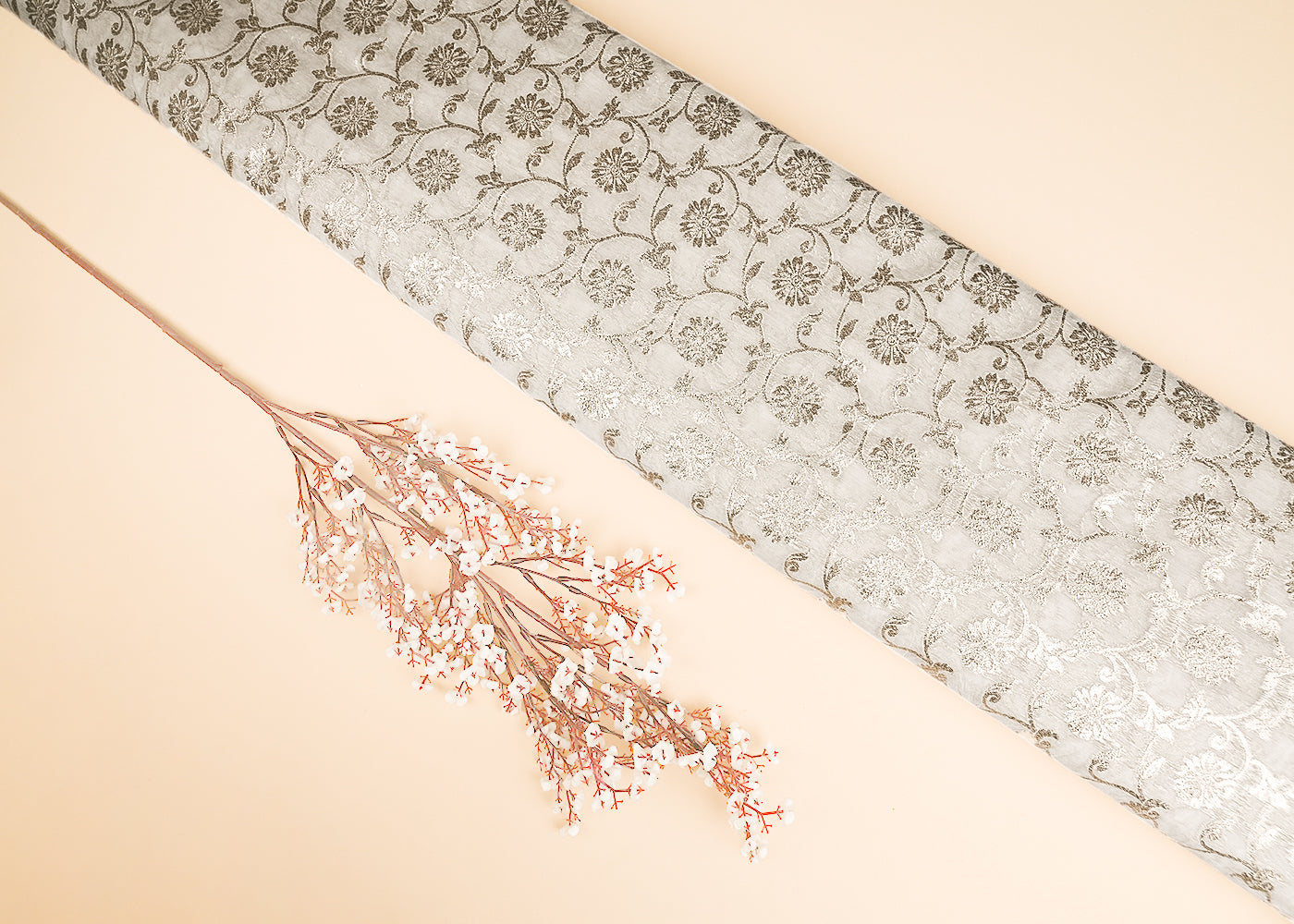 White Dyeable Chanderi Silk Fabric With All Over Dull Gold Zari Handloom 21788