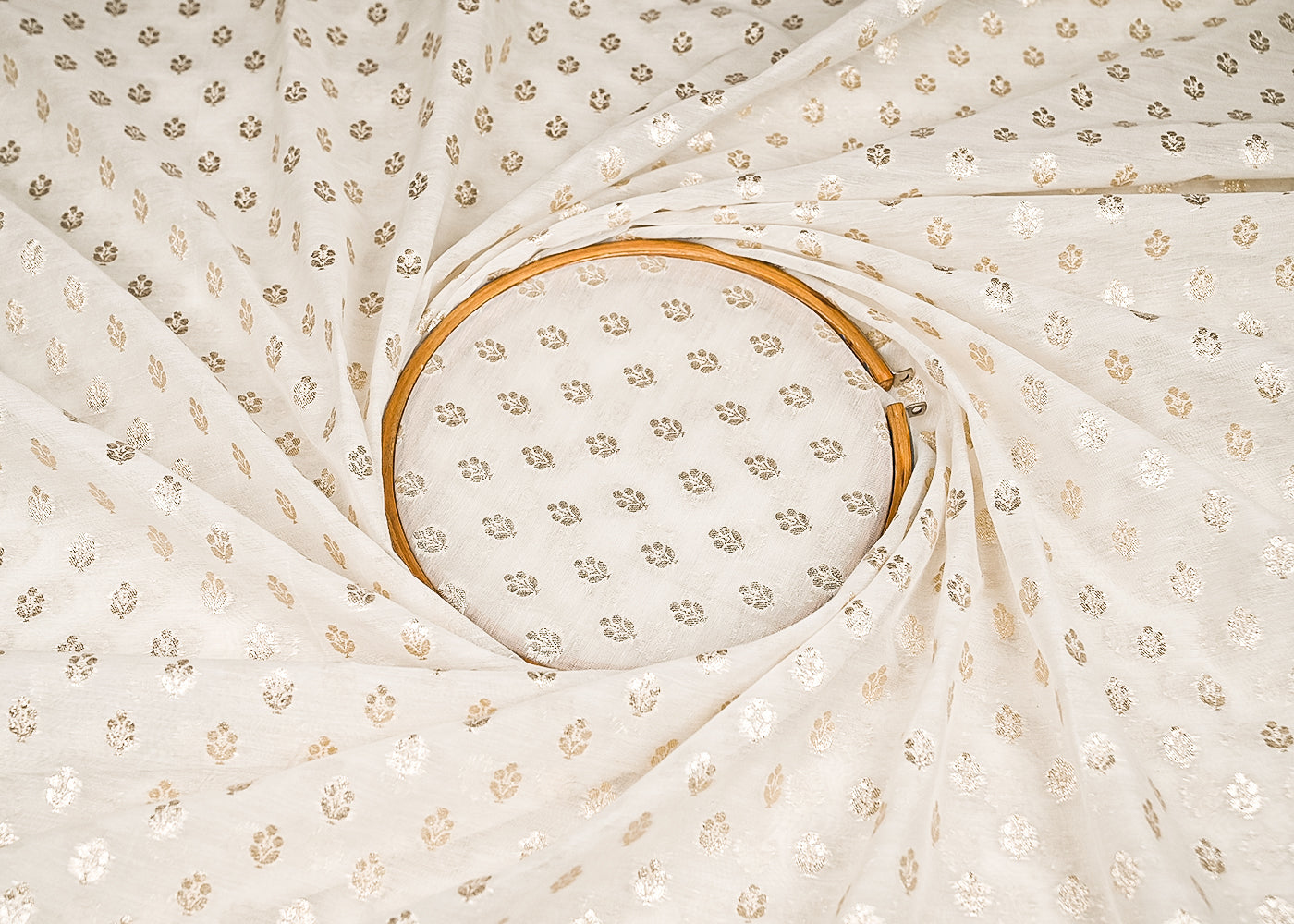 White Dyeable Chanderi Silk Fabric With All Over Dull Gold Zari Handloom 21790