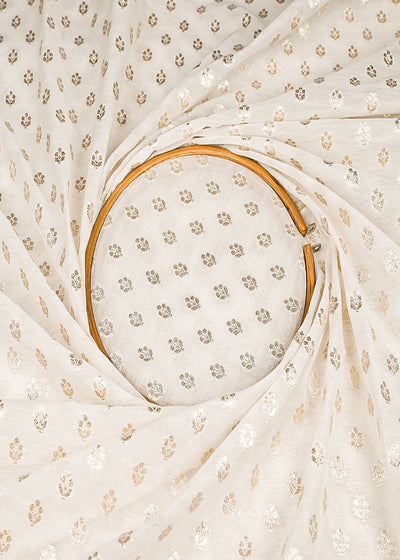 White Dyeable Chanderi Silk Fabric With All Over Dull Gold Zari Handloom 21790