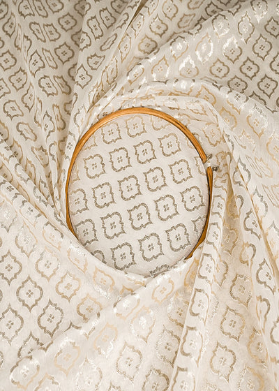 White Dyeable Chanderi Silk Fabric With All Over Dull Gold Zari Handloom 21791