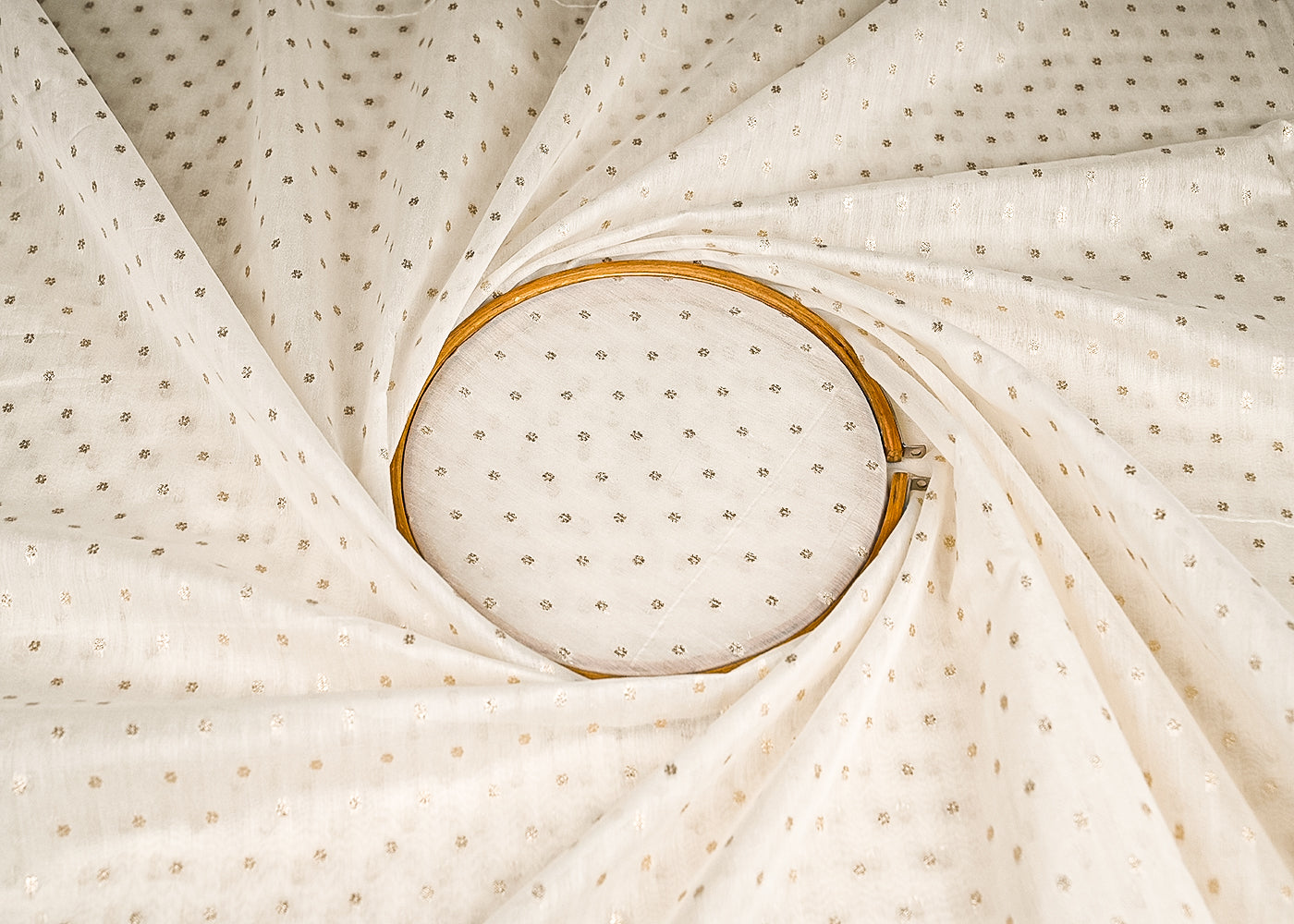 White Dyeable Chanderi Silk Fabric With All Over Dull Gold Zari Handloom 21793