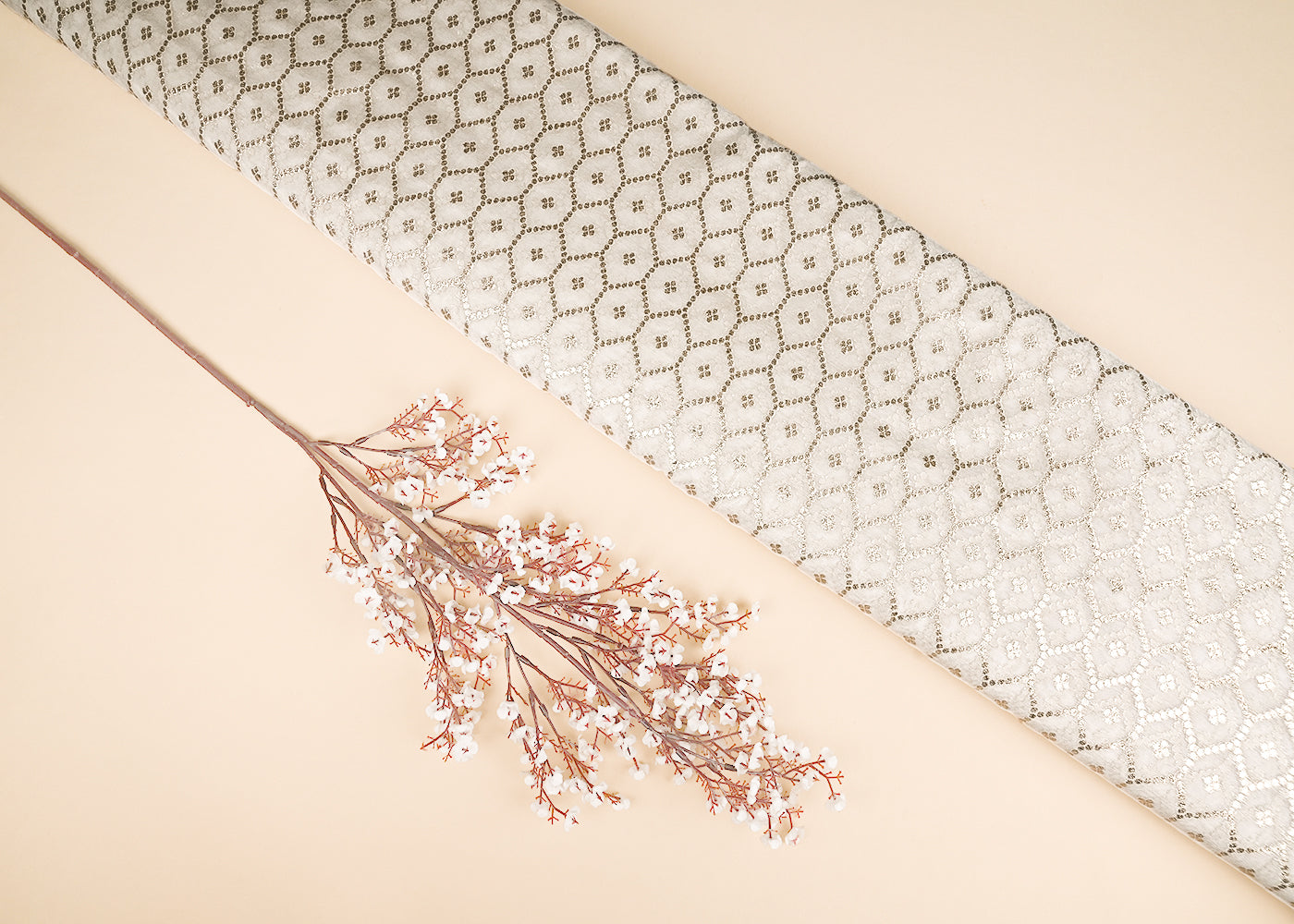 White Dyeable Chanderi Silk Fabric With All Over Dull Gold Zari Handloom 21794