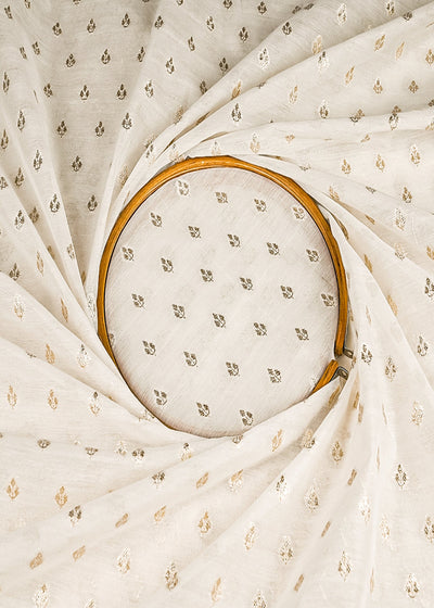 White Dyeable Chanderi Silk Fabric With All Over Dull Gold Zari Handloom 21795