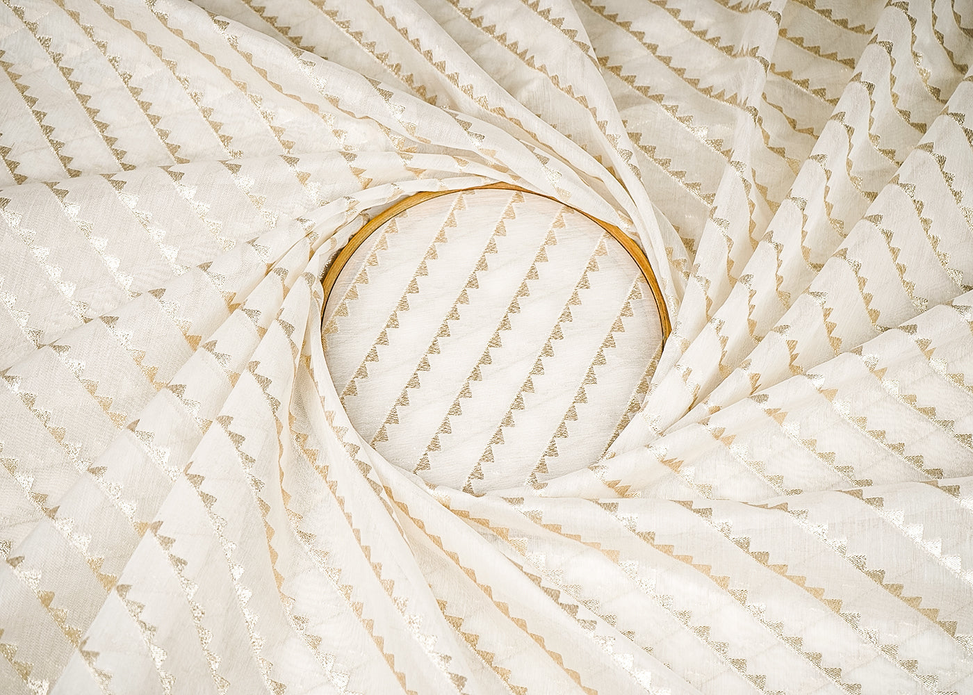 White Dyeable Chanderi Silk Fabric With All Over Dull Gold Zari Handloom 21800