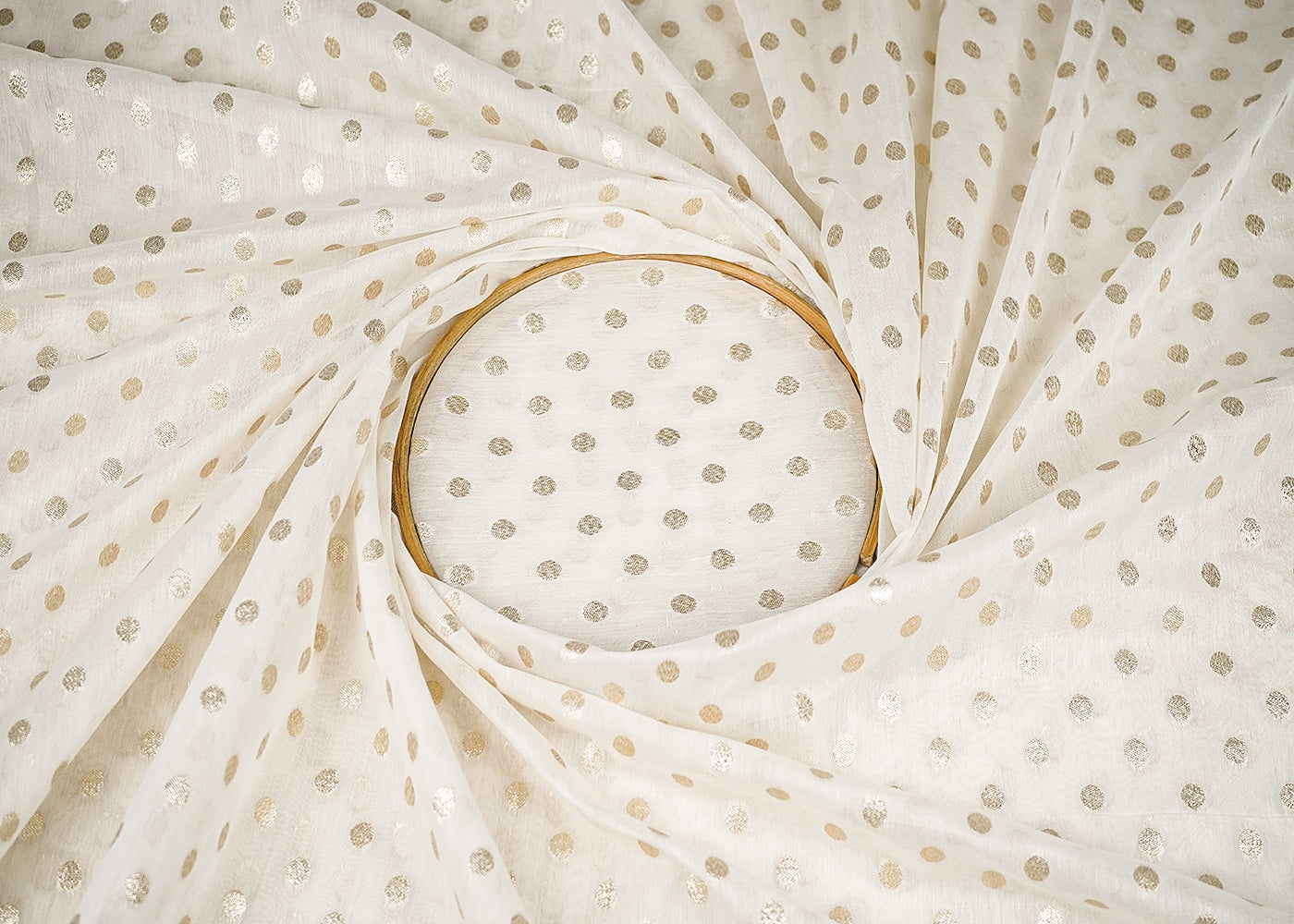 White Dyeable Chanderi Silk Fabric With All Over Dull Gold Zari Handloom 21804
