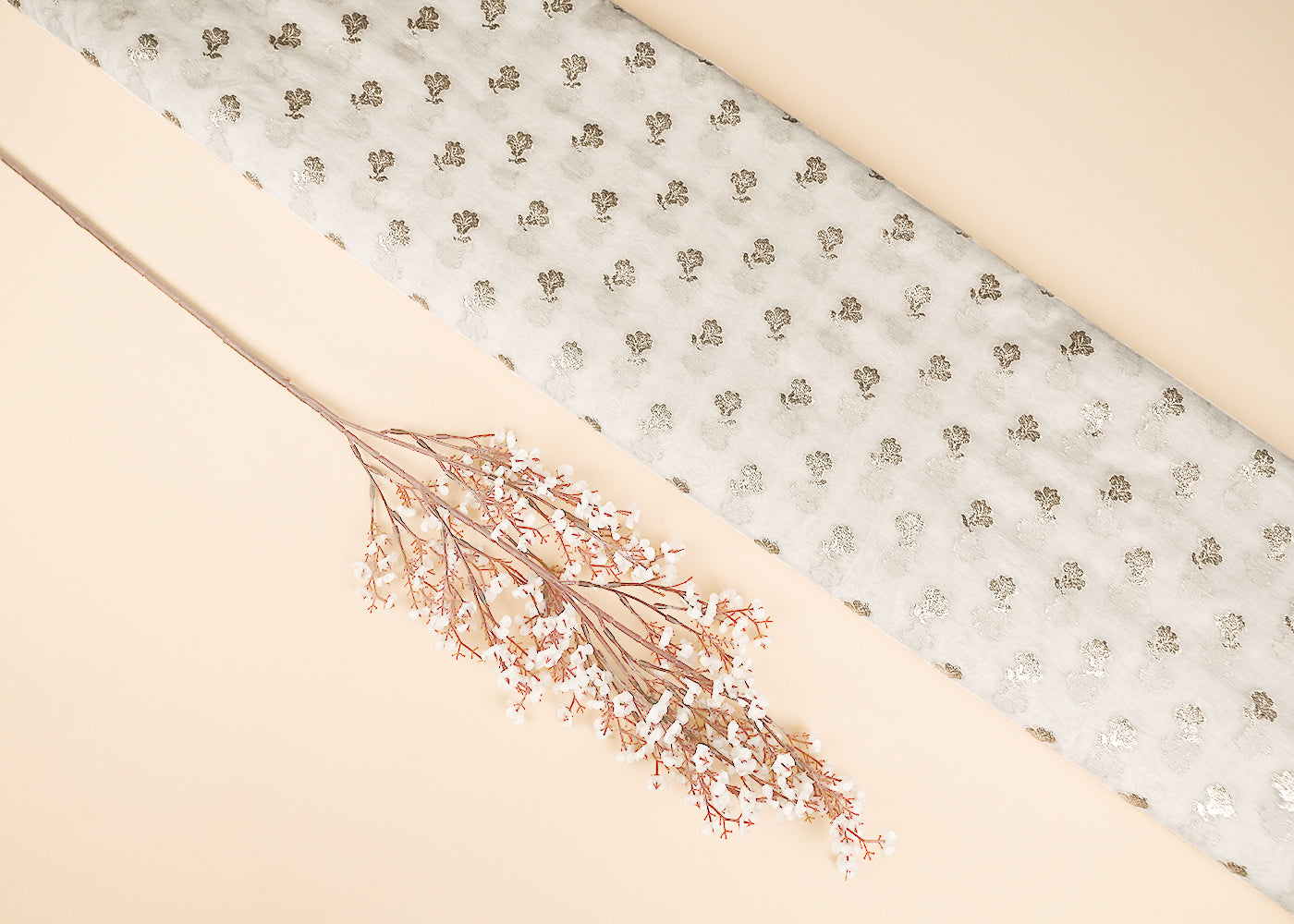 White Dyeable Chanderi Silk Fabric With All Over Dull Gold Zari Handloom 21807