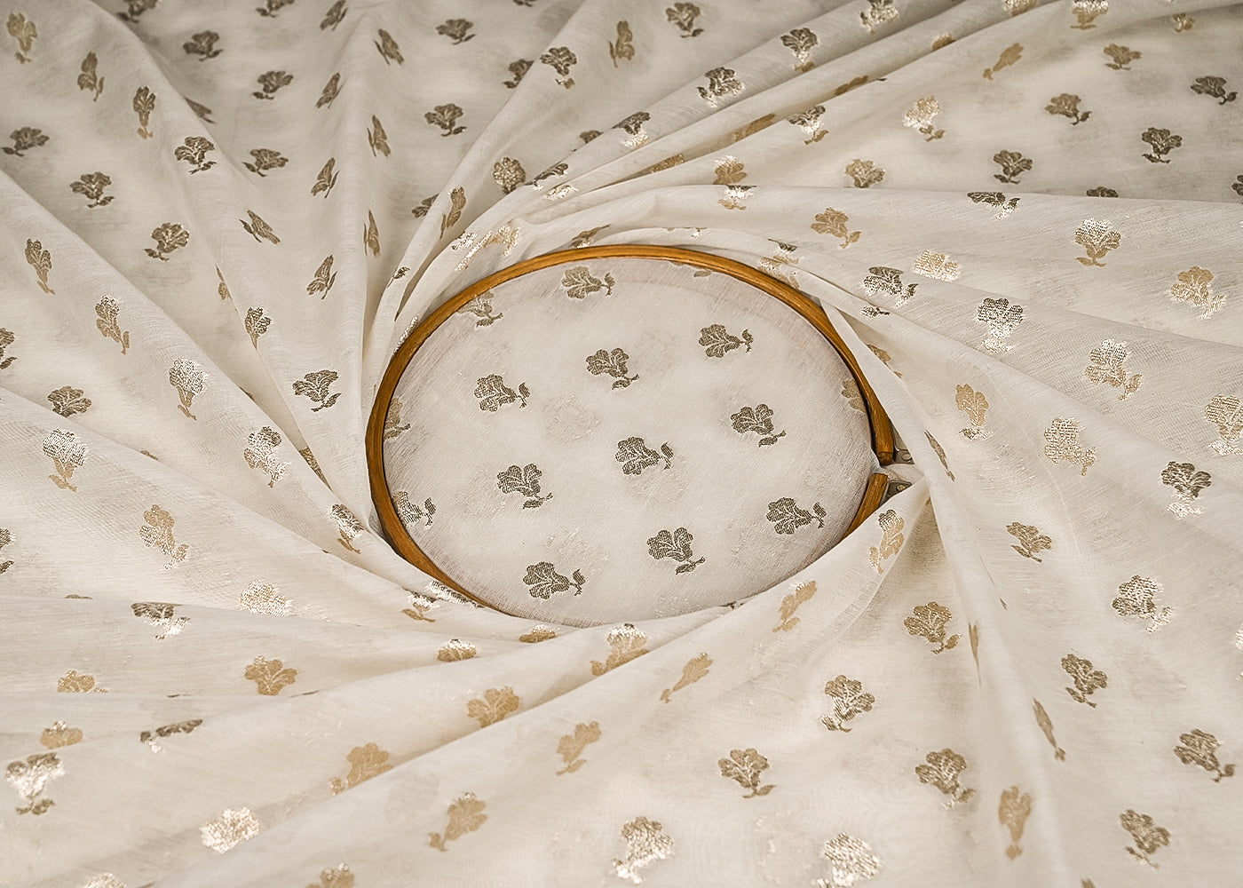 White Dyeable Chanderi Silk Fabric With All Over Dull Gold Zari Handloom 21807