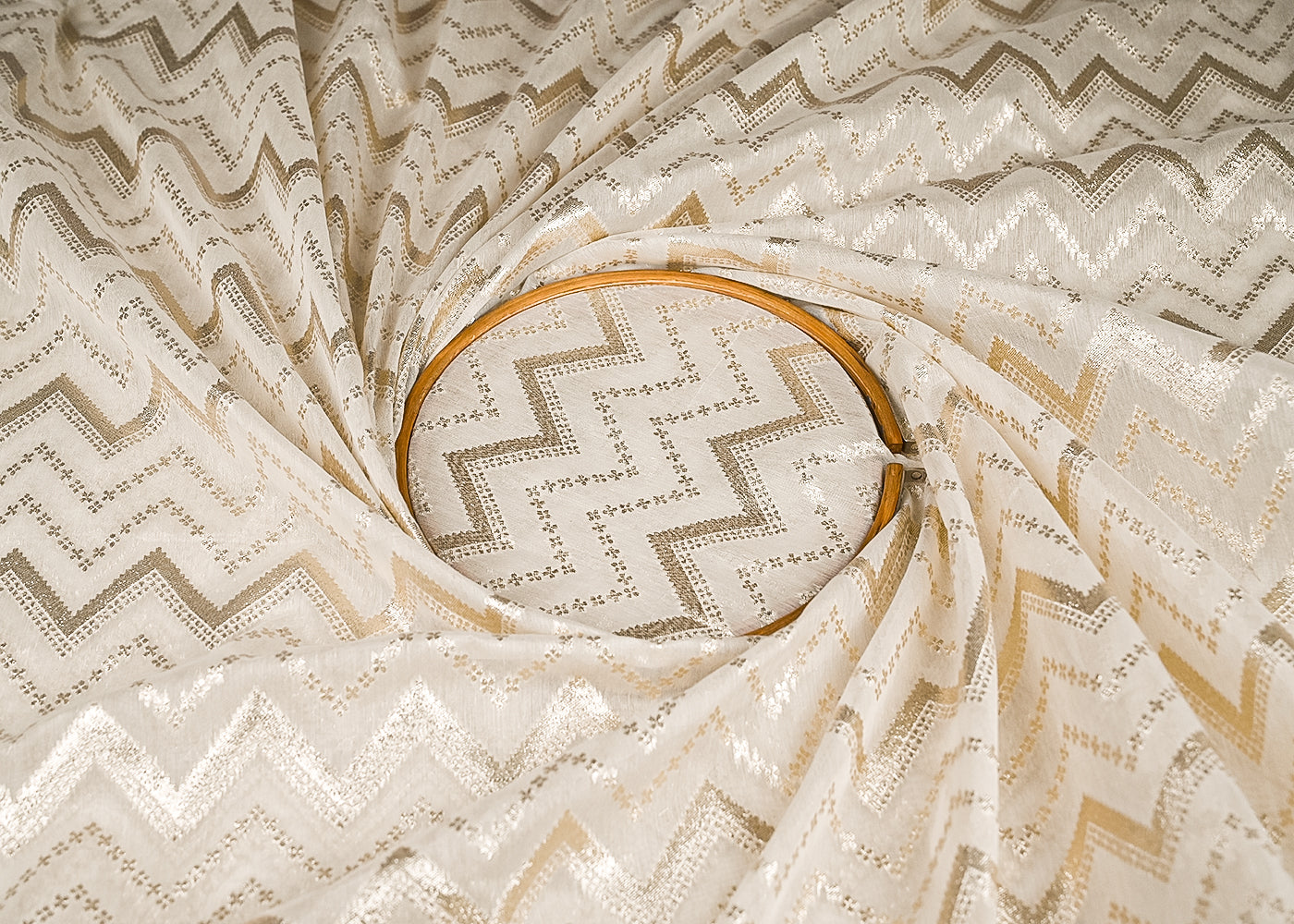 White Dyeable Chanderi Silk Fabric With All Over Dull Gold Zari Handloom 21809