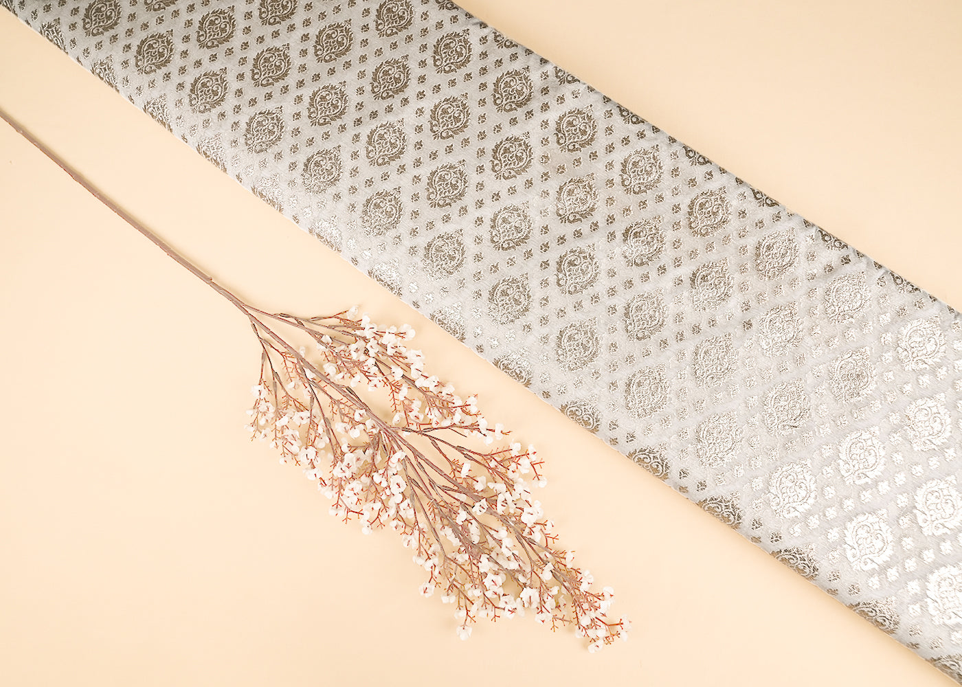 White Dyeable Chanderi Silk Fabric With All Over Dull Gold Zari Handloom 21810