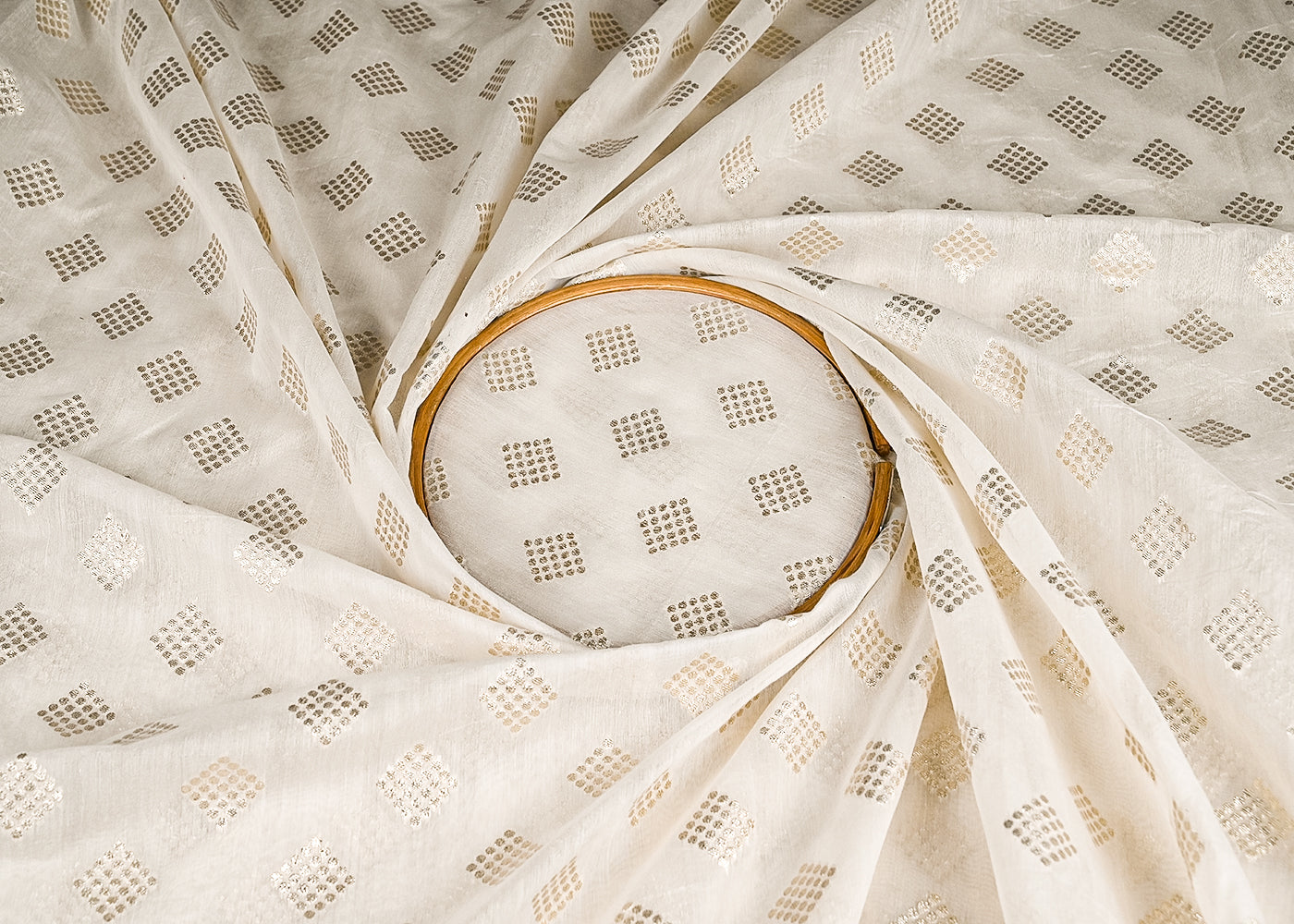 White Dyeable Chanderi Silk Fabric With All Over Dull Gold Zari Handloom 21811