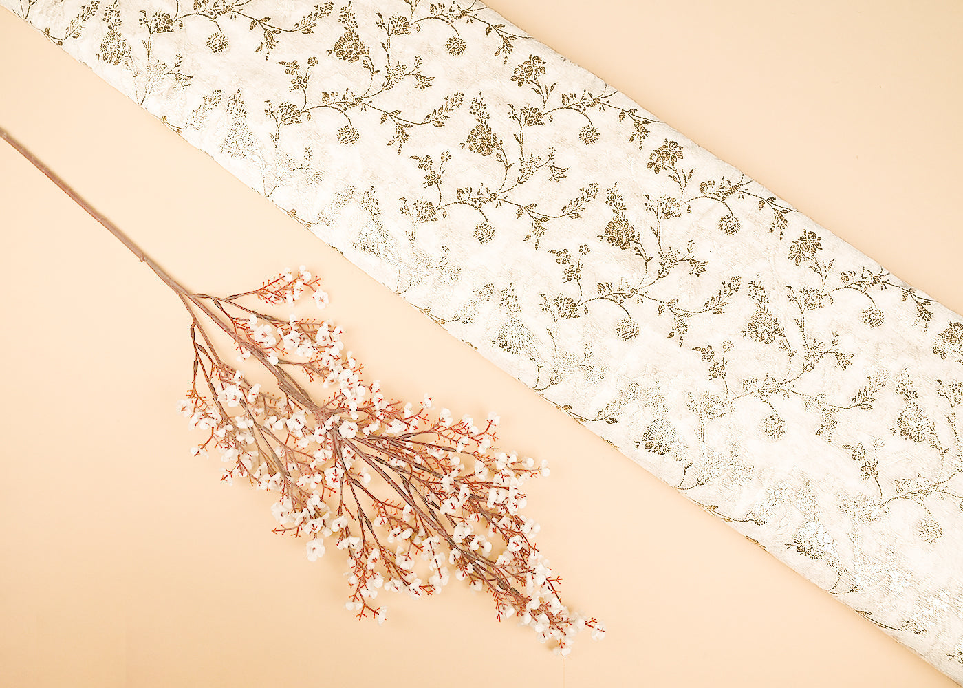 White Dyeable Chanderi Silk Fabric With All Over Dull Gold Zari Handloom 21814