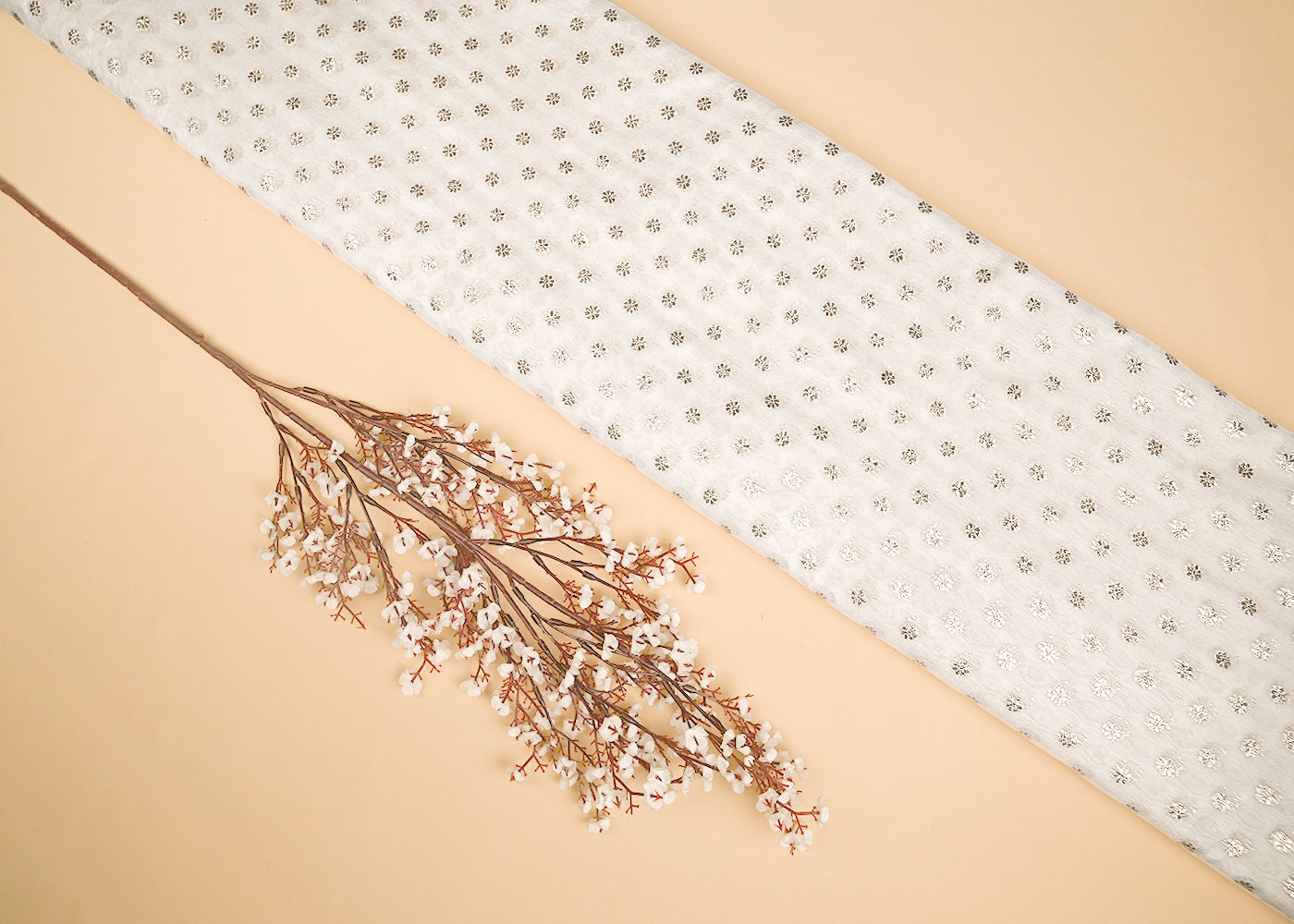 White Dyeable Chanderi Silk Fabric With All Over Dull Gold Zari Handloom 21816