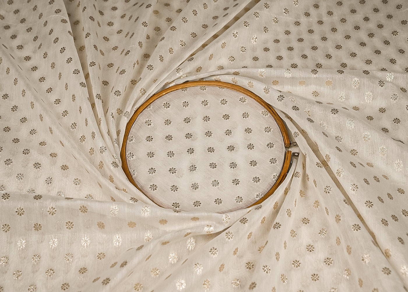 White Dyeable Chanderi Silk Fabric With All Over Dull Gold Zari Handloom 21816