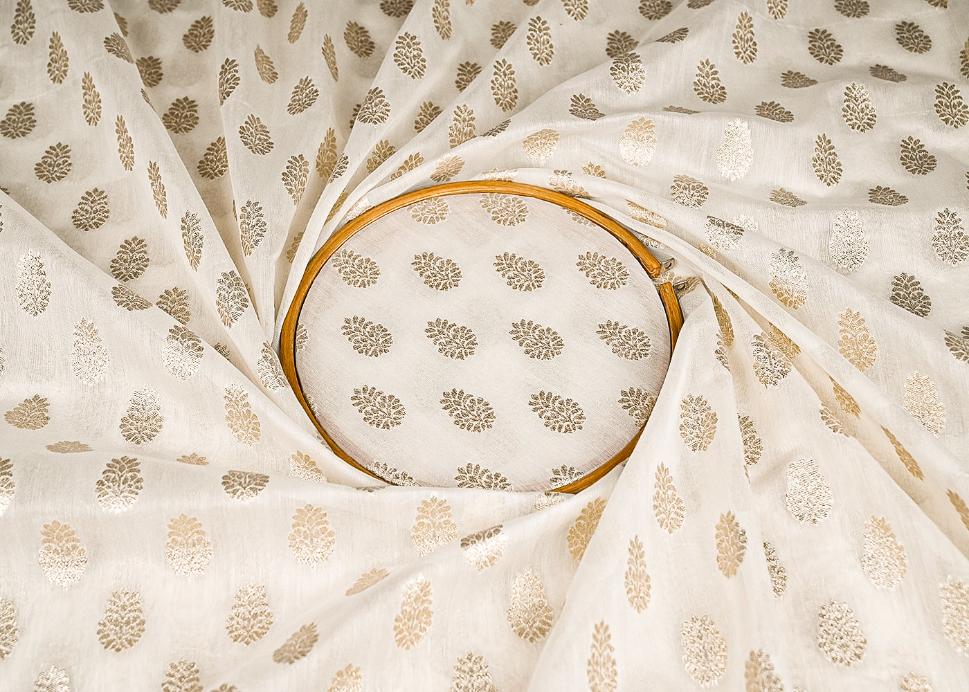 White Dyeable Chanderi Silk Fabric With All Over Dull Gold Zari Handloom 21817