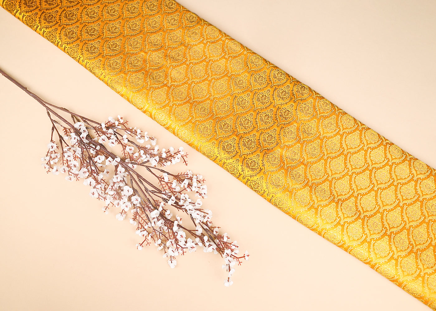Mustard Banarasi Brocade Fabric With All Over Thread And Golden Zari Handloom 21825
