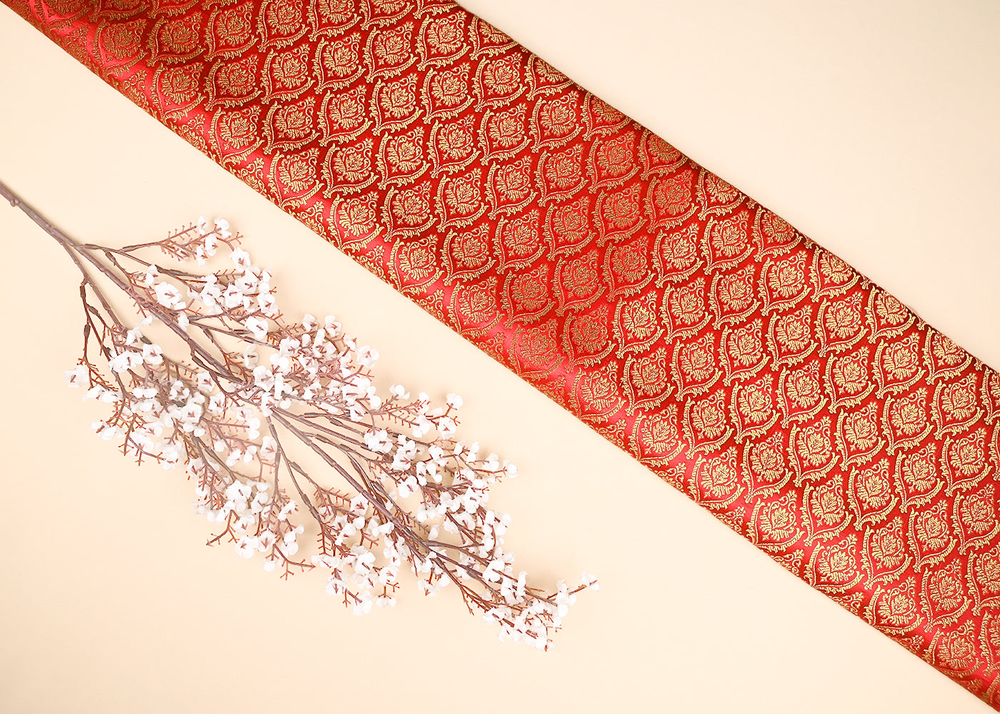 Red-Banarasi-Brocade-Fabric-With-All-Over-Thread-And-Golden-Zari-Handloom-21826