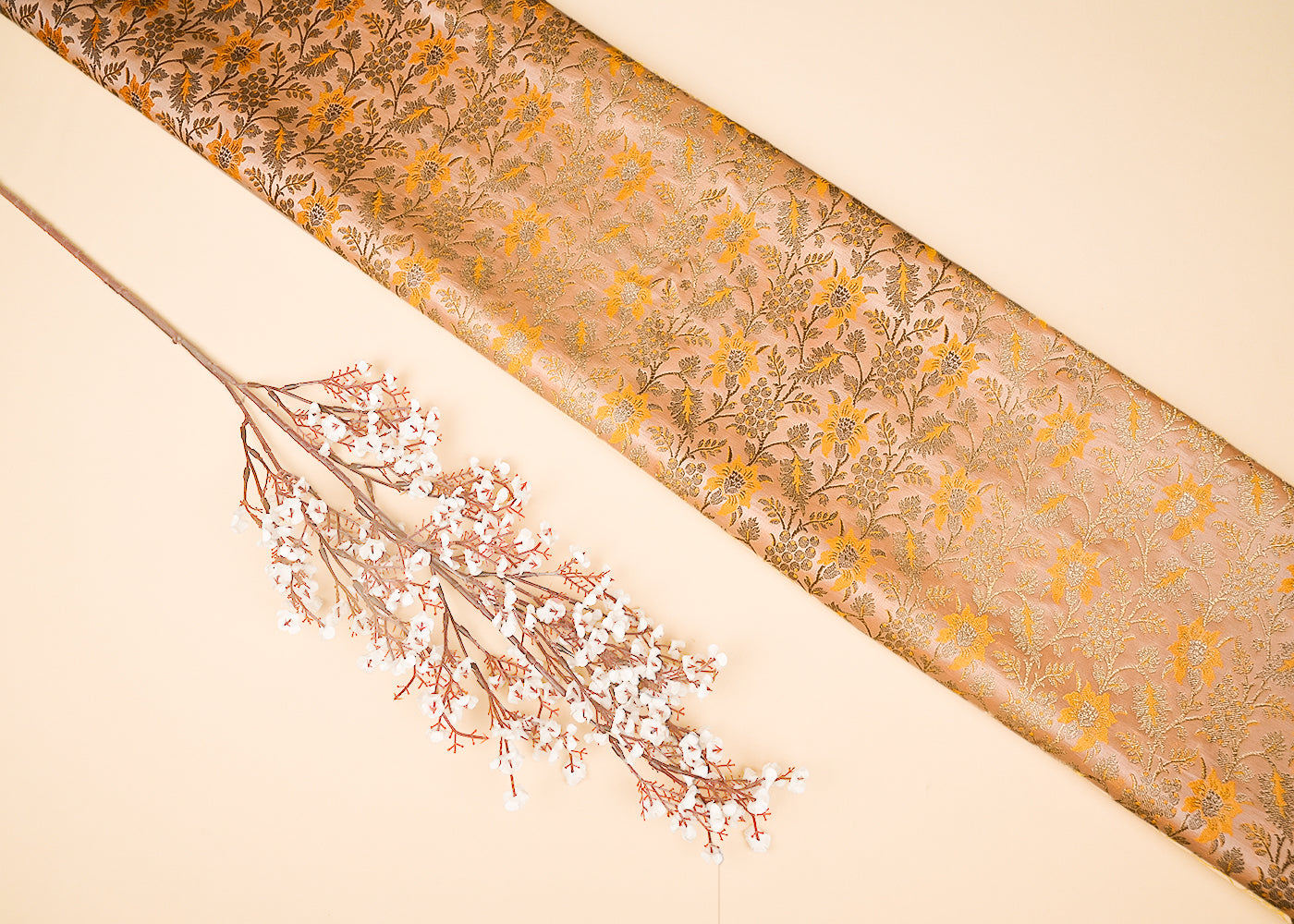 Light-Orange-Banarasi-Brocade-Fabric-With-All-Over-Thread-And-Golden-Zari-Handloom-21827