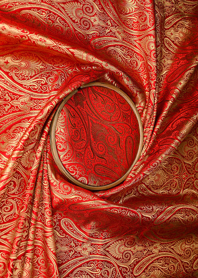 Red Banarasi Brocade Fabric With All Over Golden Zari Handloom 21841