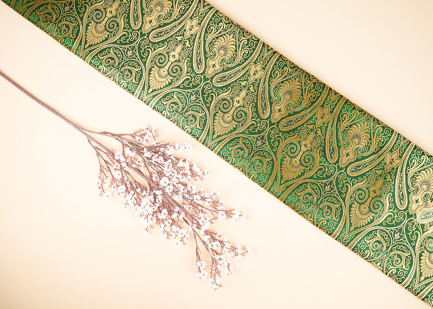 Green Banarasi Brocade Fabric With All Over Golden Zari Handloom 21844