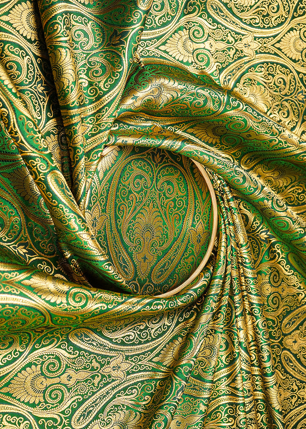 Bottle Green Banarasi Brocade Fabric With All Over Golden Zari Handloom 21844
