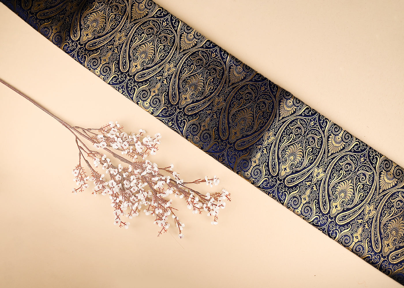 Navy Blue Banarasi Brocade Fabric With All Over Golden Zari Handloom 21845