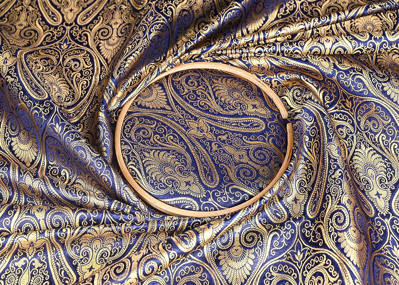 Navy Blue Banarasi Brocade Fabric With All Over Golden Zari Handloom 21845