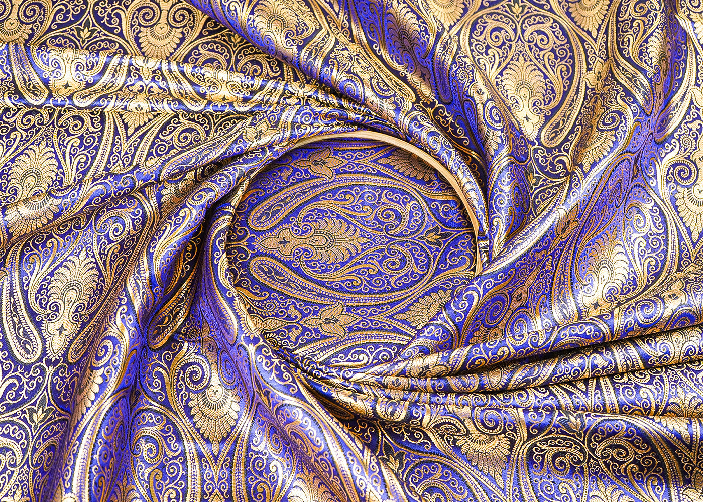 Dark Blue Banarasi Brocade Fabric With All Over Golden Zari Handloom 21849