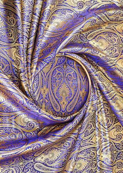Dark Blue Banarasi Brocade Fabric With All Over Golden Zari Handloom 21849